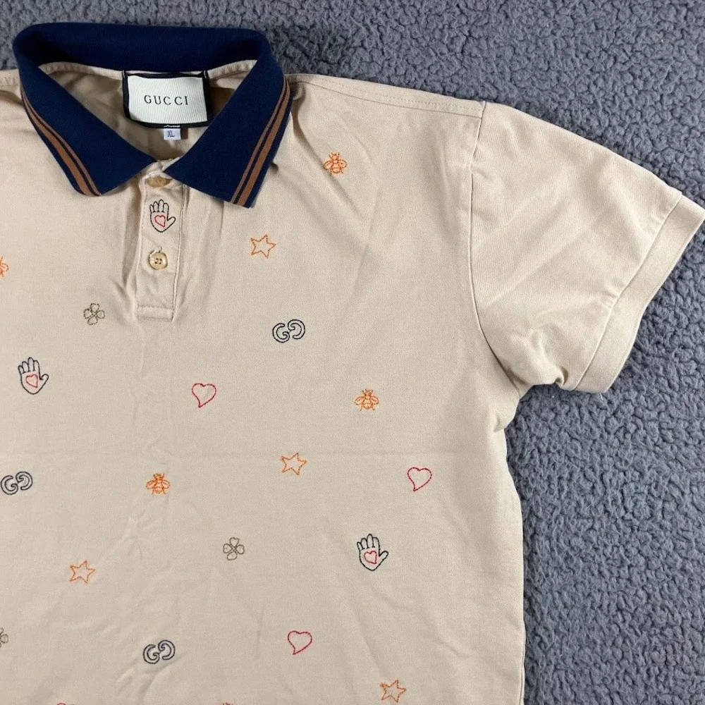 Gucci Mens XL Beige Embroidered Bee GG Logo Polo Shirt